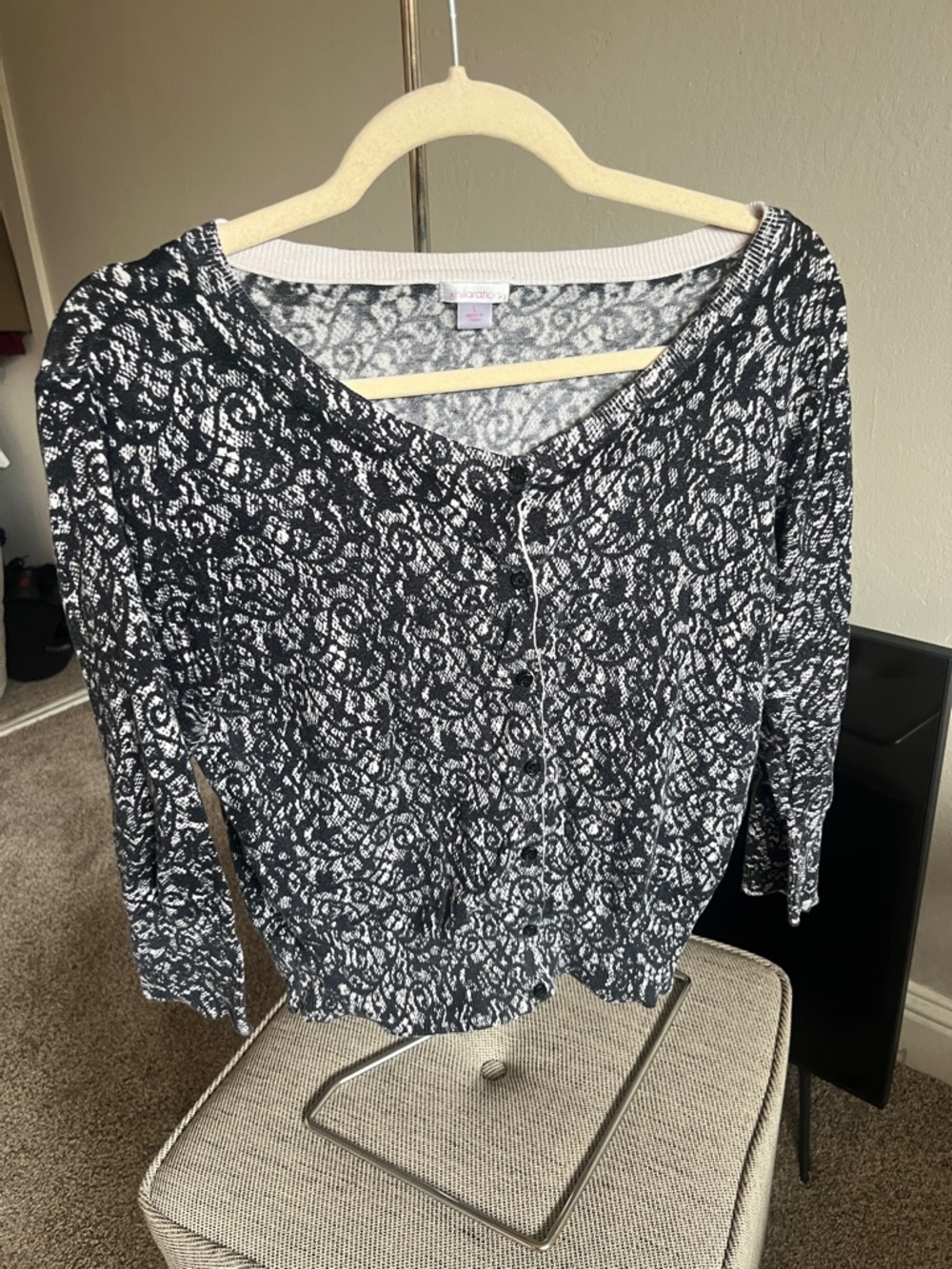 Xhilaration Black and White Lace-Print Button Cardigan